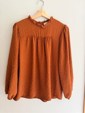 Women's Rust/Orange Autumn Ruffle-Neck Long Sleeve Top